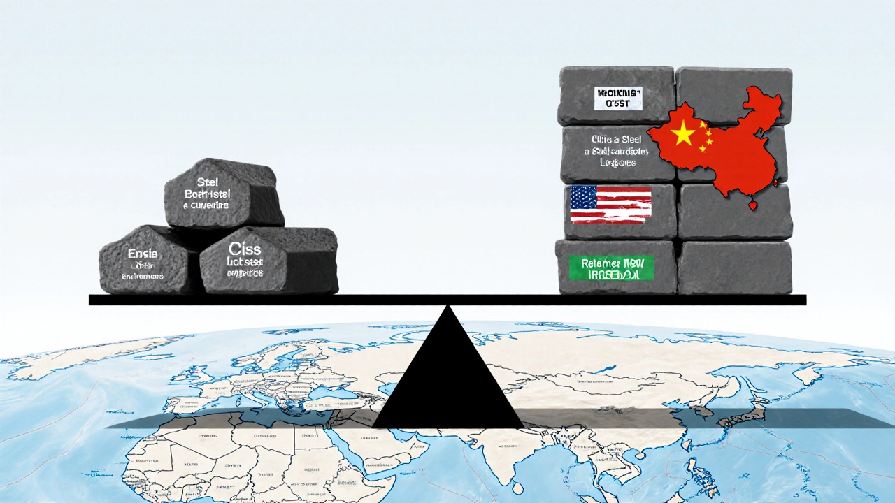 A global scale balancing U.S. and Chinese steel costs with labels for energy, labor, and subsidies.