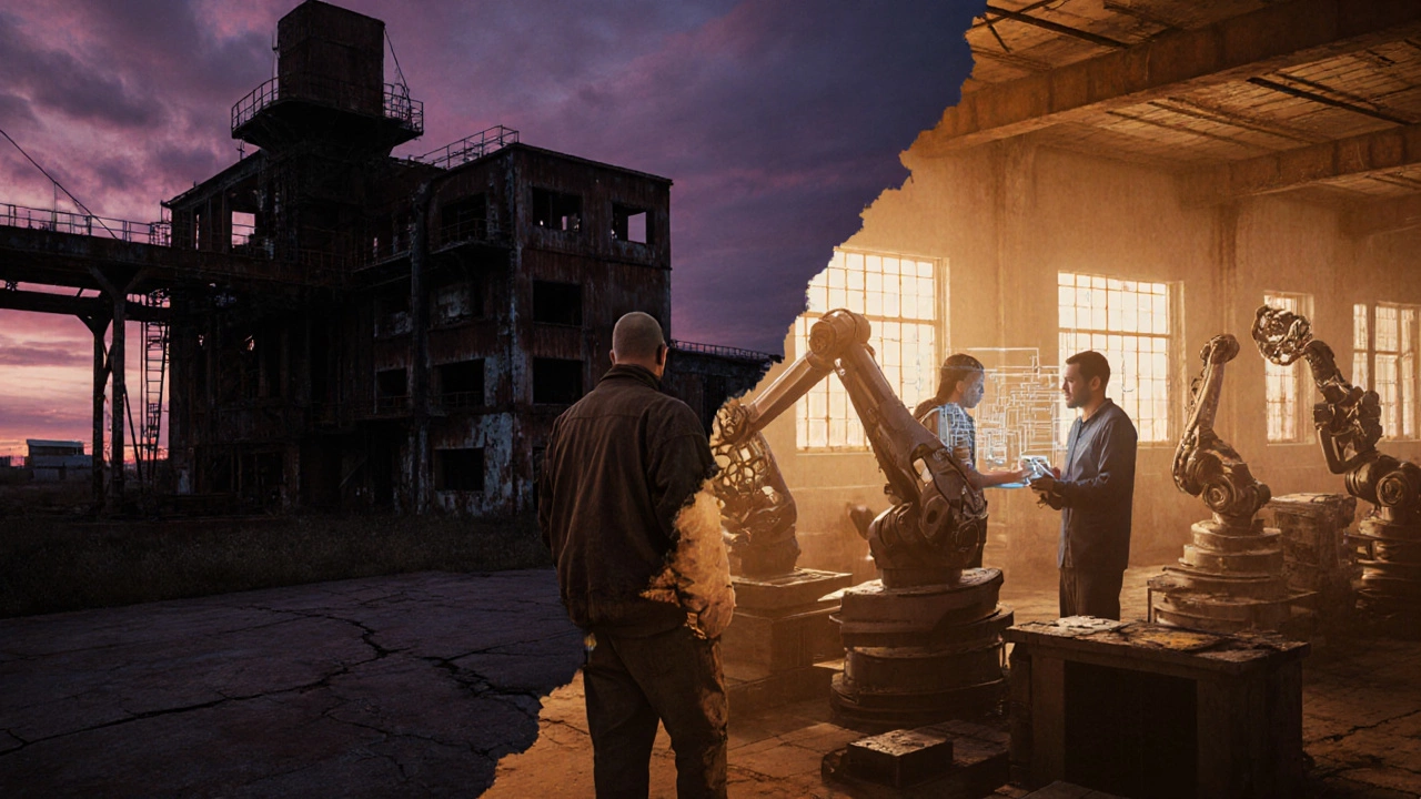 Abandoned Rust Belt mill at dusk beside a bright new smart factory with robots and engineers.