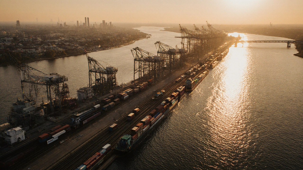 Aerial view of Great Lakes port showing rail and barge steel transport.