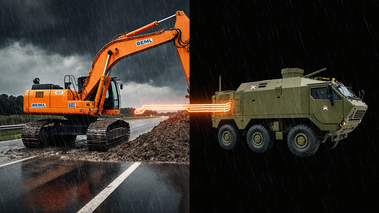 BEML excavator and armored vehicle side by side, symbolizing civil and defense use.