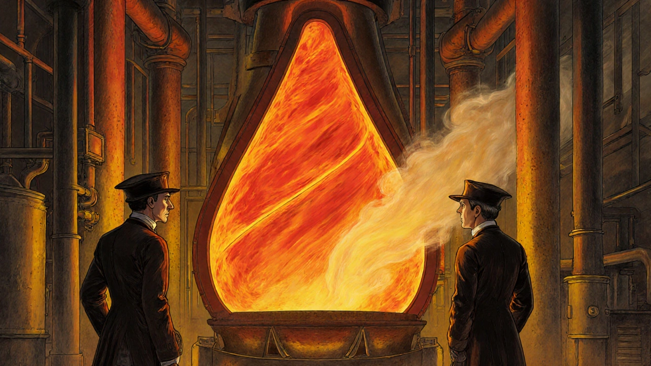 Bessemer converter with molten steel and air blasts observed by engineers.