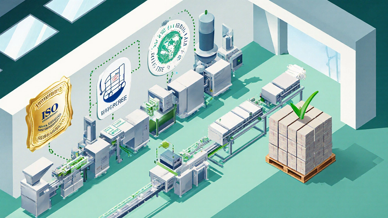 Bright factory floor where a biodegradable packaging startup celebrates certification and backup suppliers.
