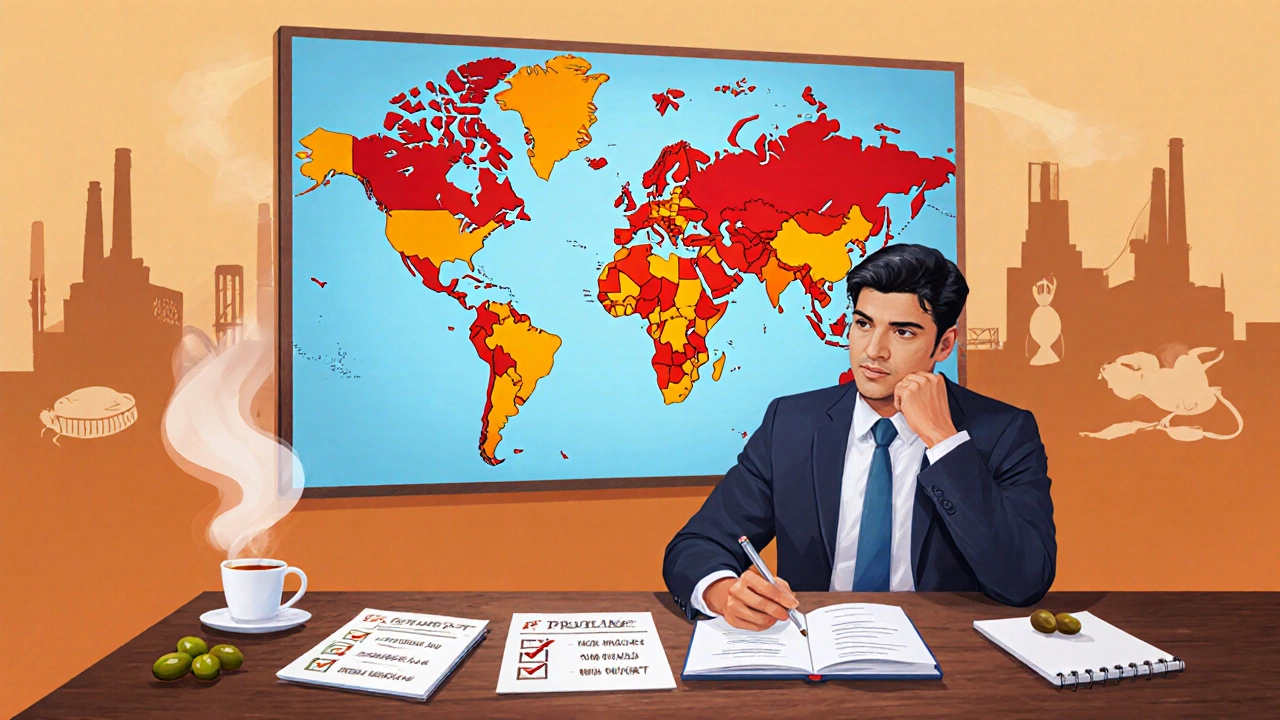 Businessperson planning high‑margin food production with world map and checklist in an Indian office.