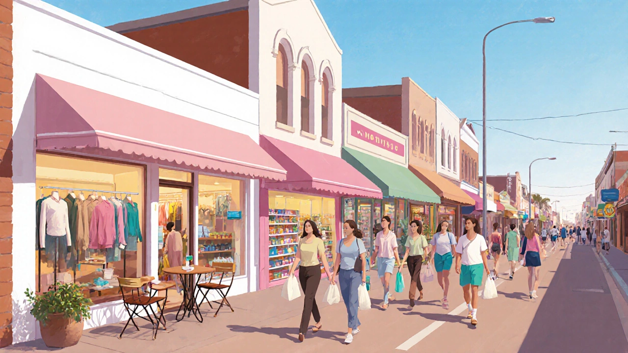 Busy Australian street with small cafes, boutiques, and a convenience store filled with shoppers.