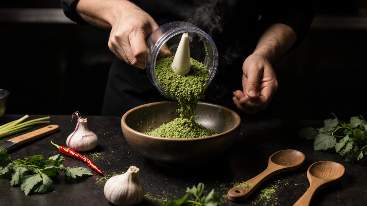 Chef pouring freshly ground Thai spices from a food processor into a bowl.