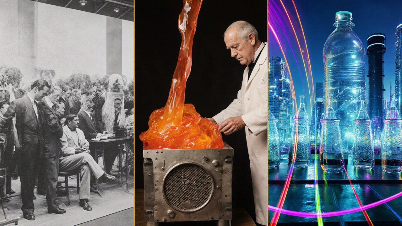 Collage showing the progression from Parkesine to Bakelite to modern PVC and PET.