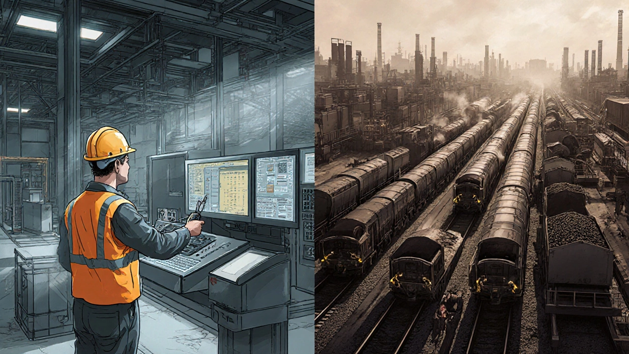 Contrasting U.S. and Chinese steel production lines with different working conditions and technologies.