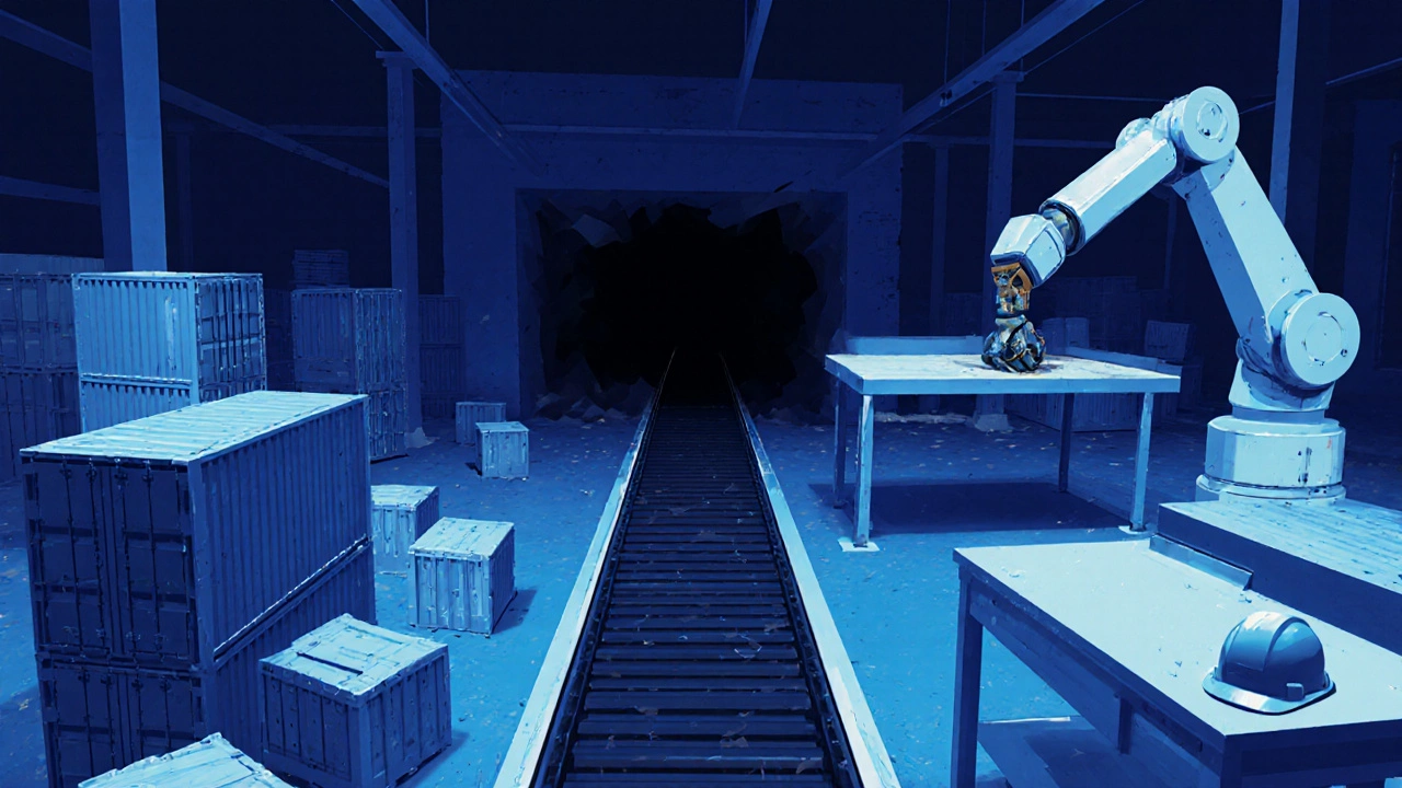 Conveyor belt ending in a void with scattered containers and a paused robotic arm.