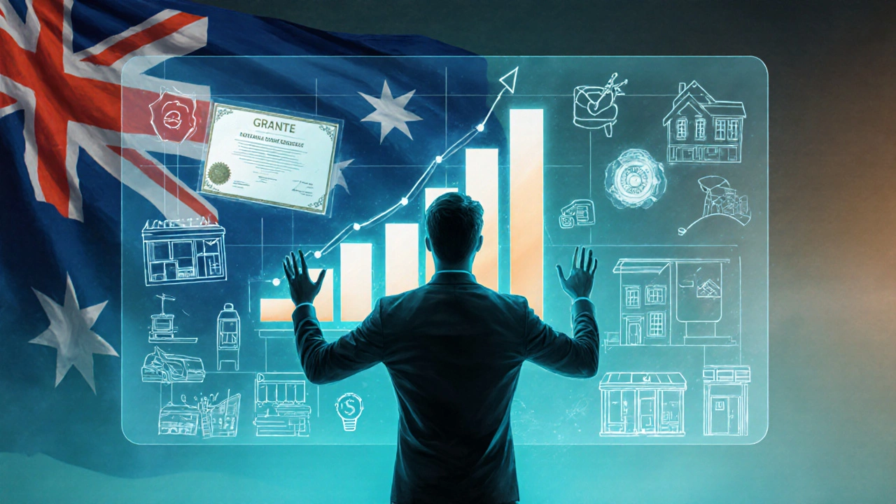 Entrepreneur interacting with holographic data symbols of growth, grants, and industry icons.