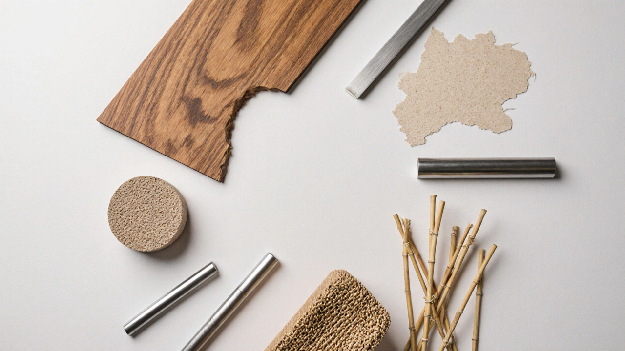 Flat‑lay of teak wood, MDF board, particleboard, steel rod, aluminum tube, plastic chair, bamboo stalks, and rattan piece.