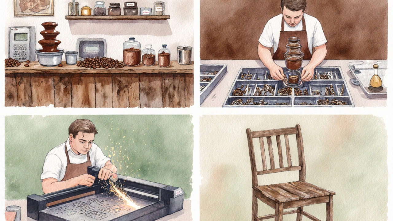 Four watercolor scenes showing chocolate making, electronic parts assembly, laser cutting, and furniture crafting.