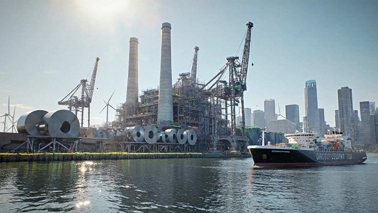 Futuristic Cleveland green‑steel complex with hydrogen DRI, wind farms, and electric ships.