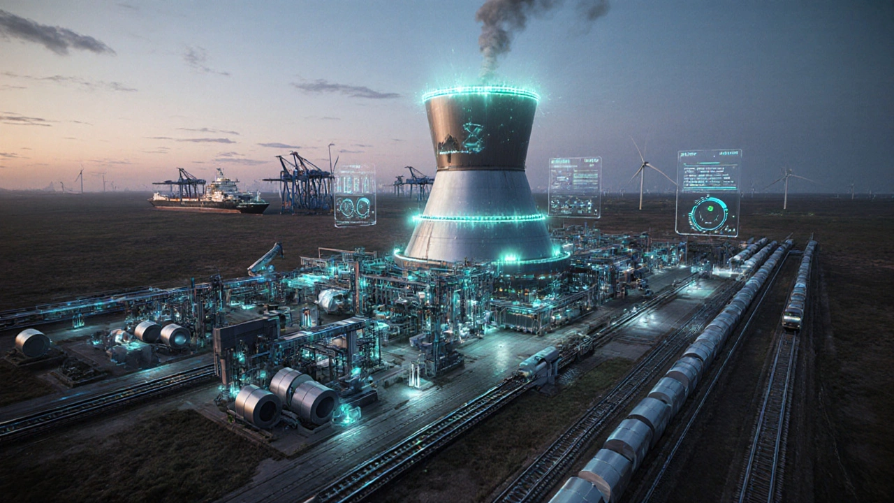 Futuristic hydrogen steel mill with AI controls and export port at twilight.