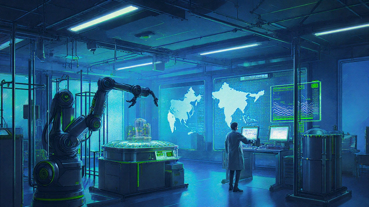 Futuristic Indian biotech lab developing biologics, with holographic displays.