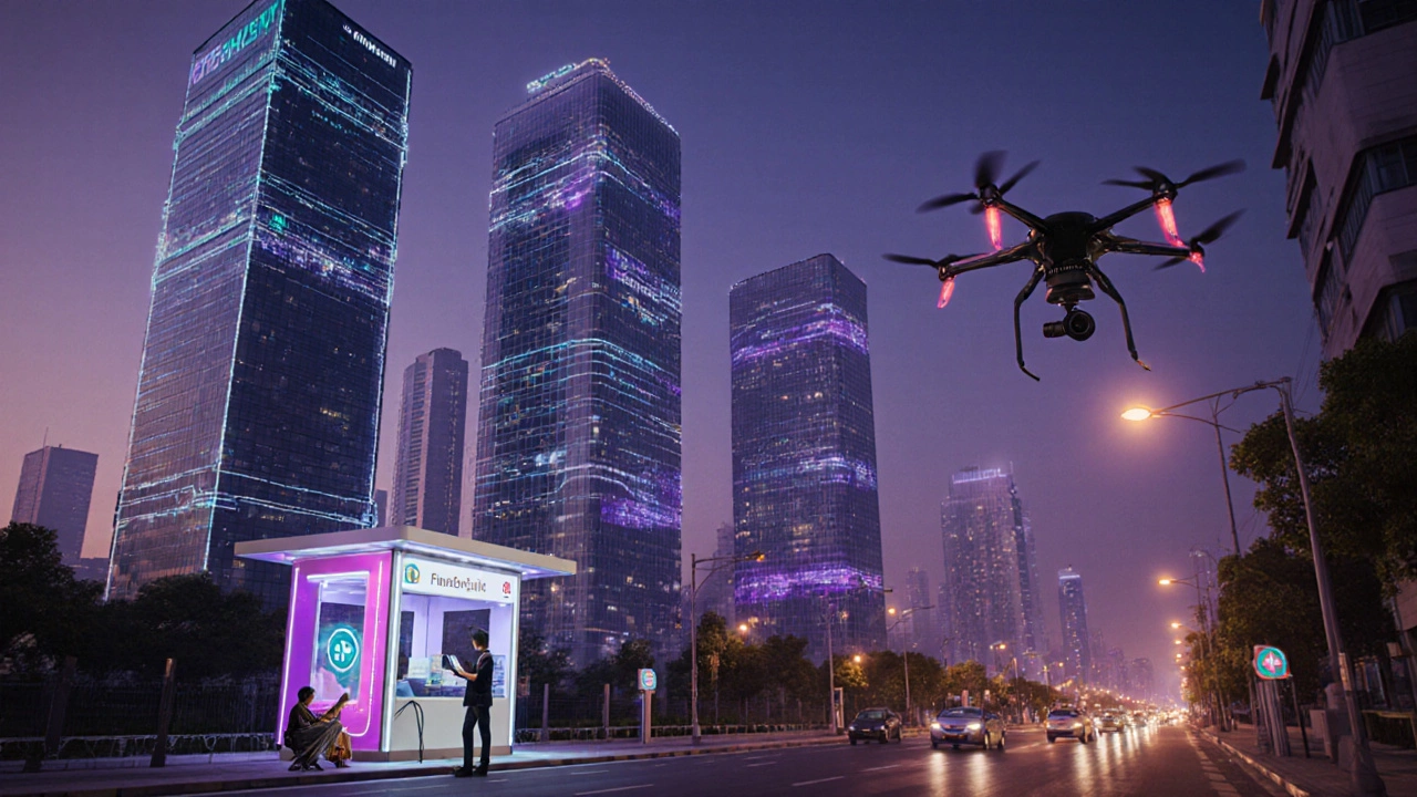 Futuristic Indian city showing AI energy grid, EV chargers, fintech kiosk, and drone deliveries.