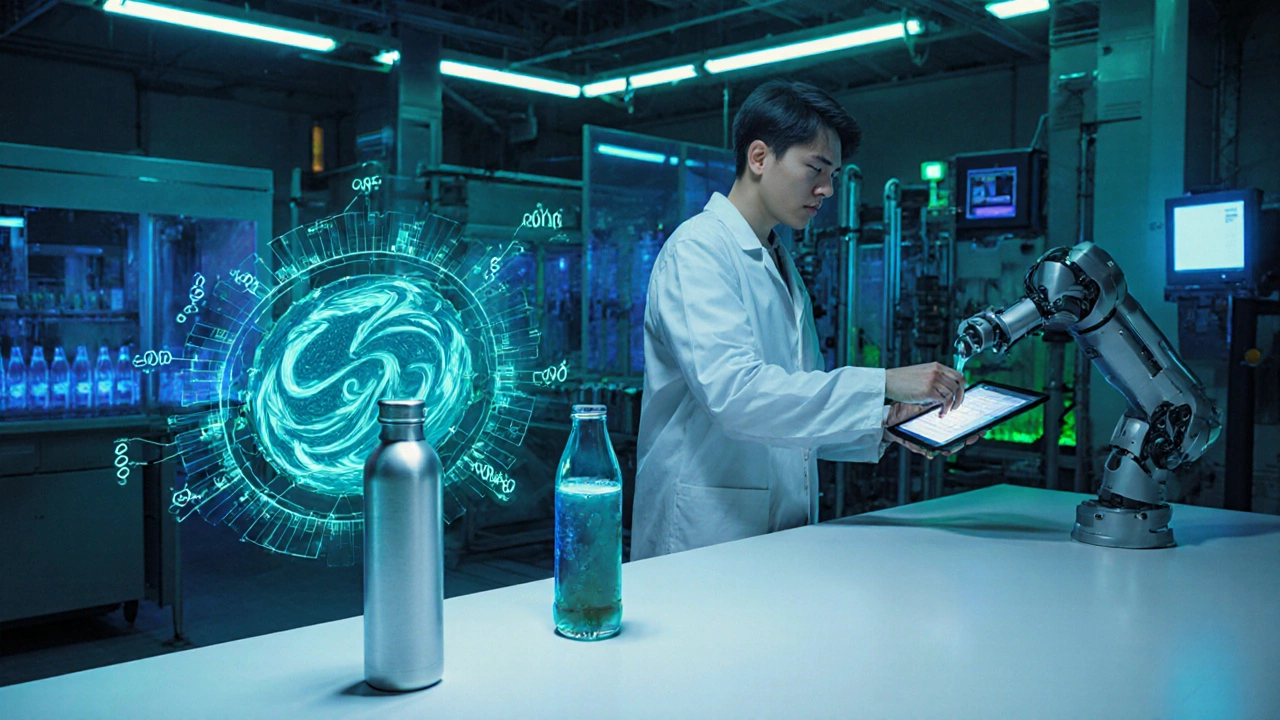 Futuristic lab showing AI‑blended drink in a reusable bottle with eco‑friendly equipment.