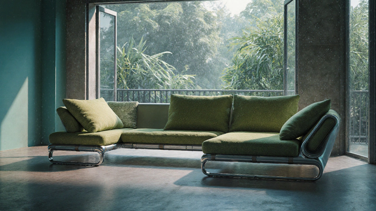 Futuristic modular sofa with aluminum frame, steel joints, and bamboo‑plastic cushions in a modern Indian loft.