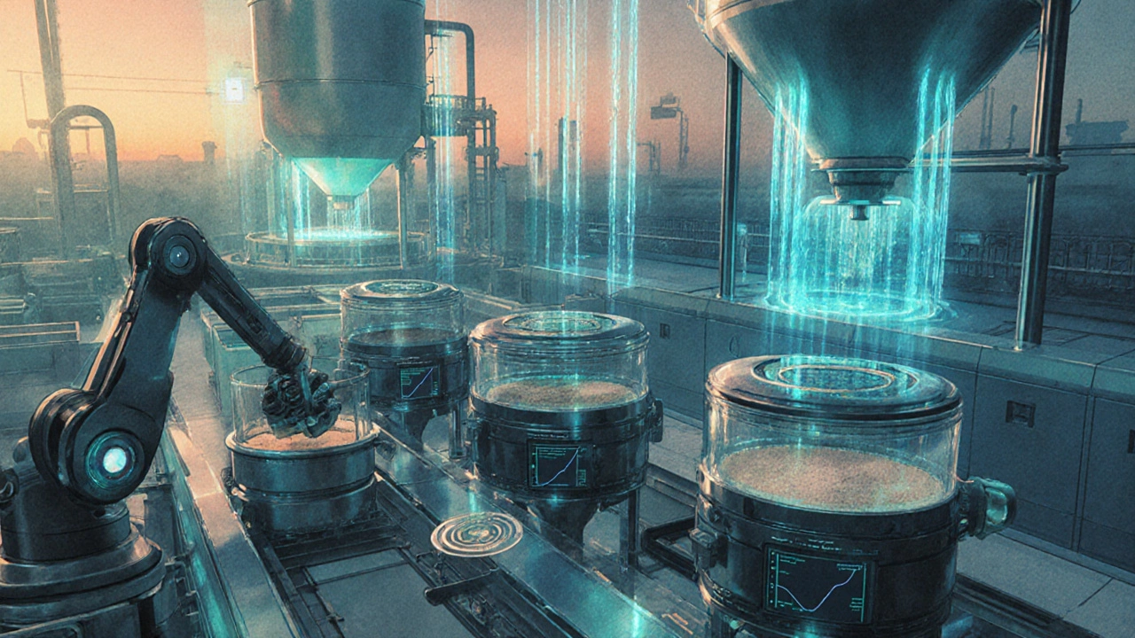 Futuristic sustainable food factory with robots, sensors, and water‑recycling system.