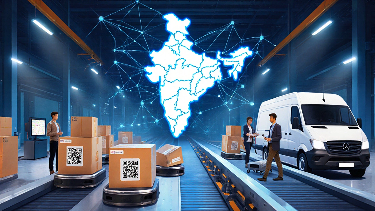 High‑tech fulfillment center with robots, AI screens, and a glowing map of India&#039;s logistics network.