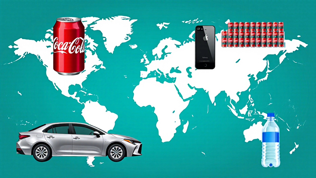 Illustration of a Coke can, Corolla, iPhone, and water bottle surrounding a world map.