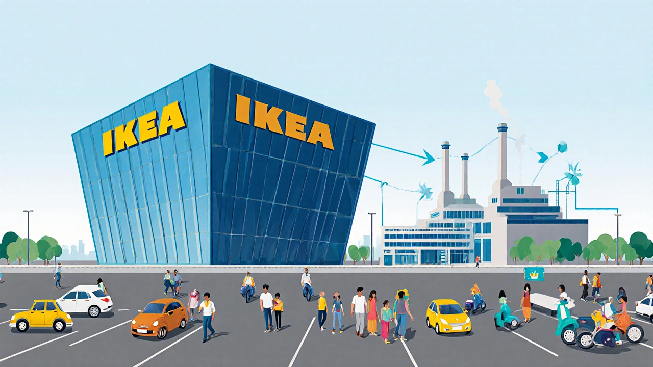 Illustration of IKEA's large Hyderabad store beside a highway with a nearby local factory.