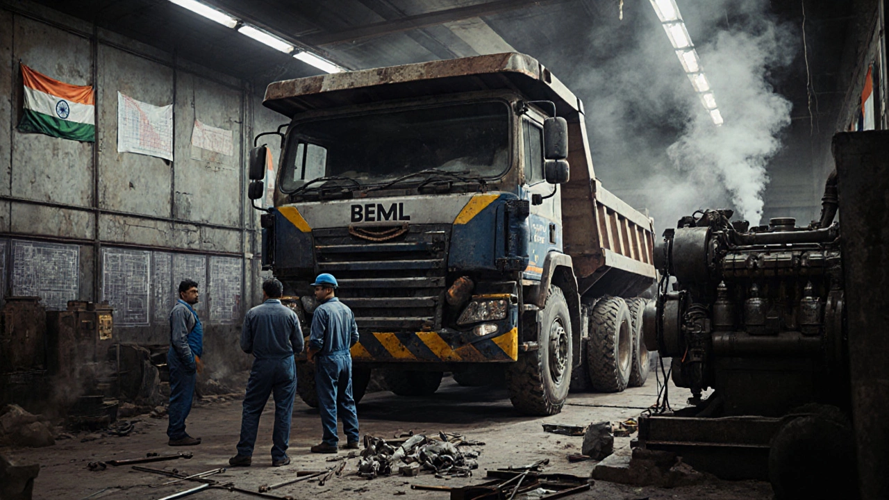 Indian engineers inspecting a BEML dump truck in a Bangalore workshop.