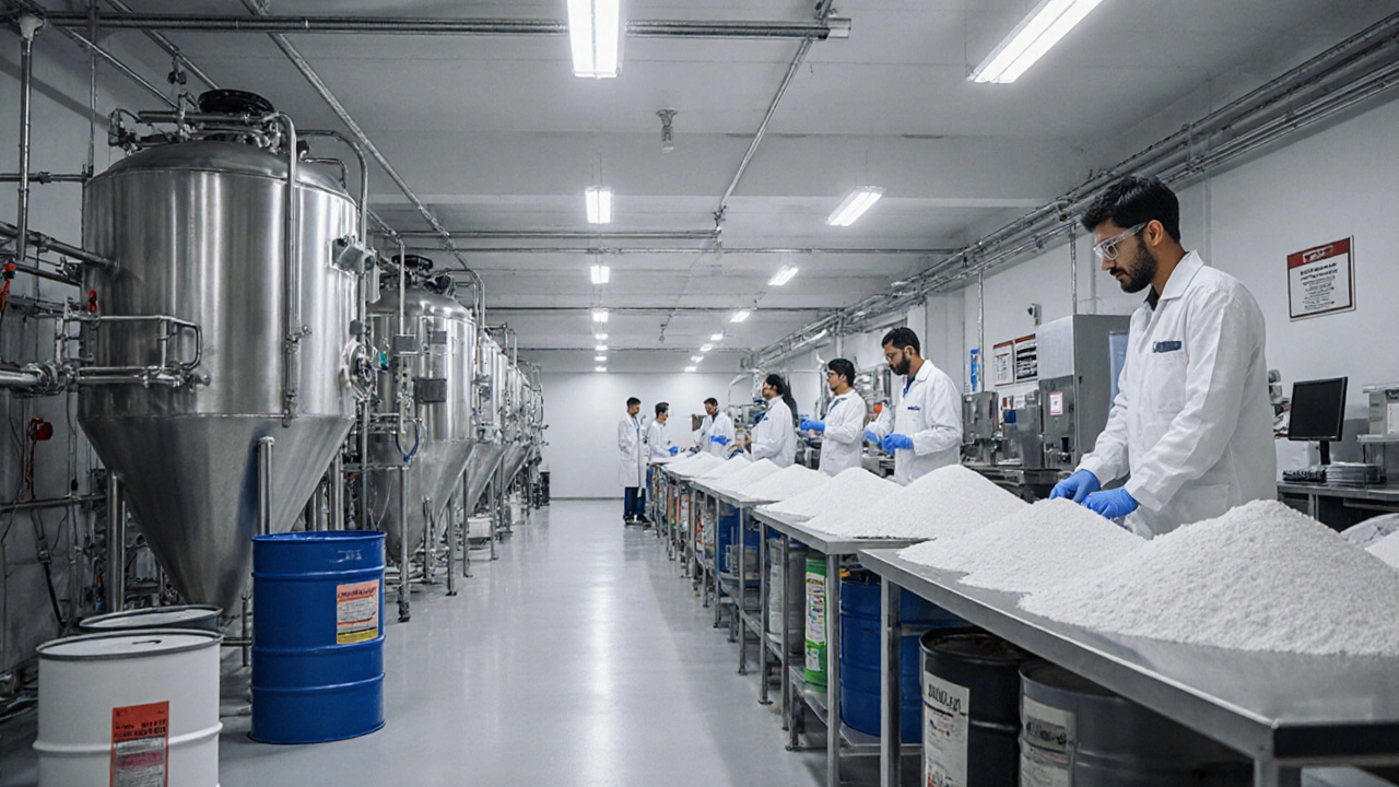 Inside an Indian pharma plant with API production lines and scientists at work.