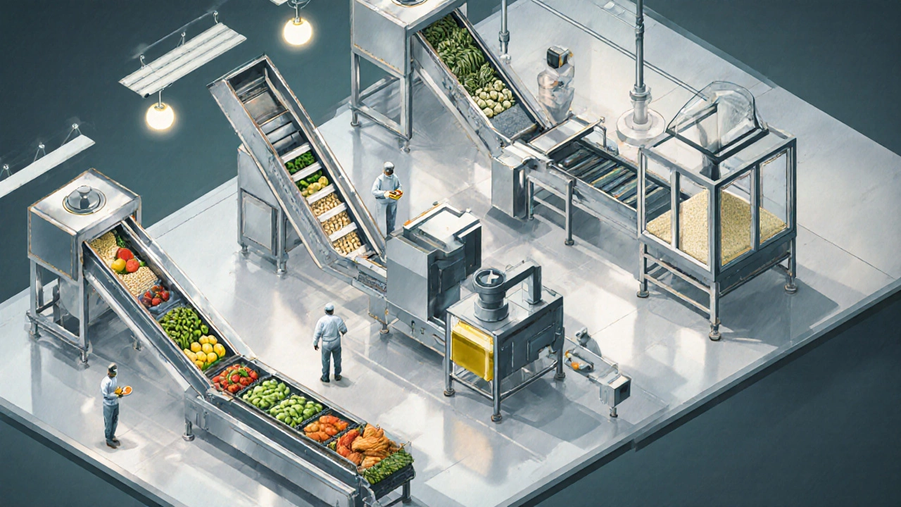 Isometric view of a primary food‑processing line with sorting, grinding, and oil‑pressing stations.