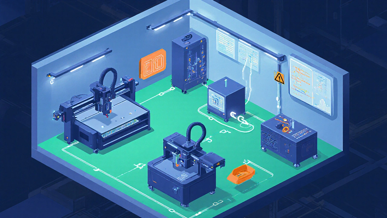 Isometric view of a small factory with CNC router, 3D printer, laser cutter and IoT sensors.