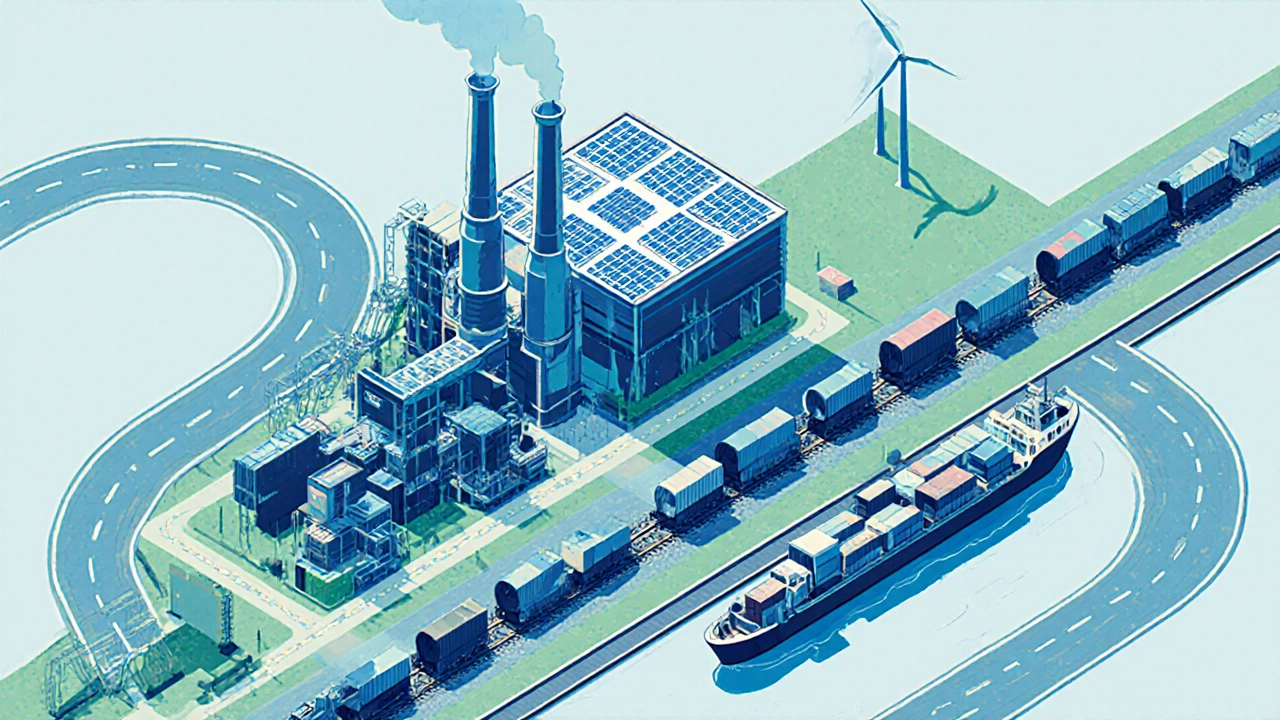 Isometric view of Cleveland's rail, barge, and highway logistics feeding a green steel plant.