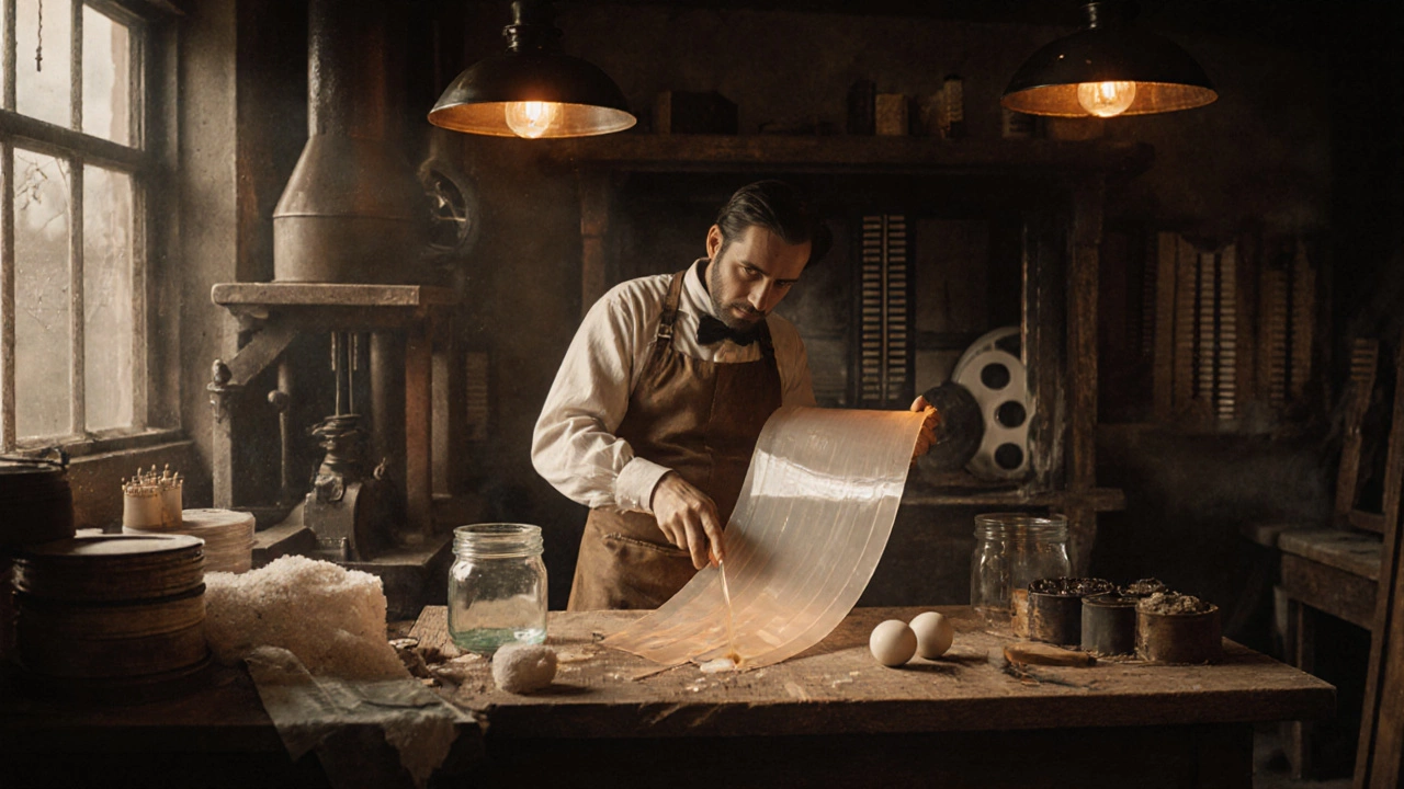 John Wesley Hyatt&#039;s workshop creating celluloid, with presses and early film reels.