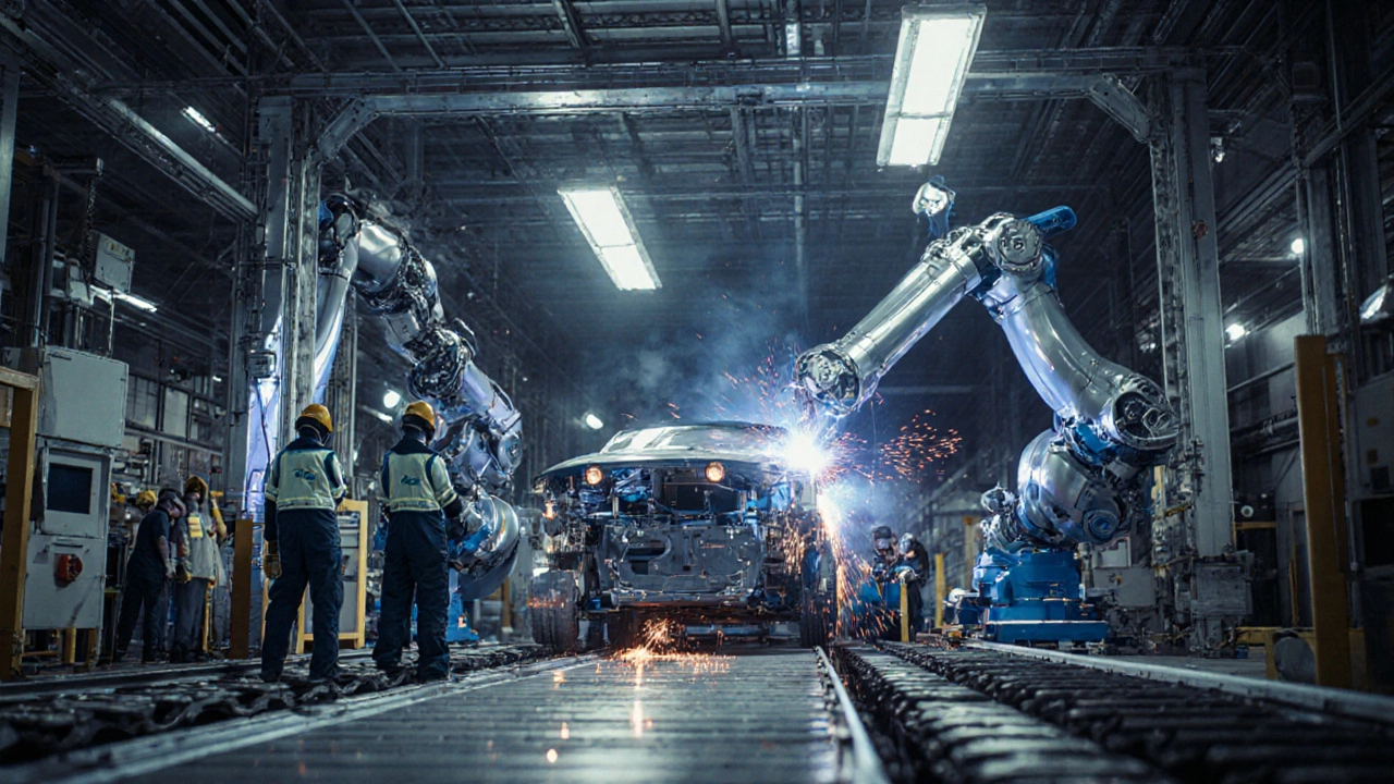 Modern car factory with large robots welding, few technicians monitoring in safety gear.