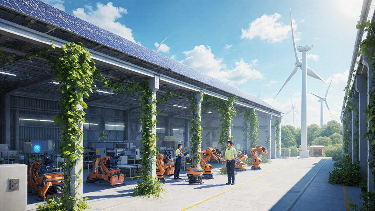 Modern green factory with solar panels, wind turbines, robots, and workers.
