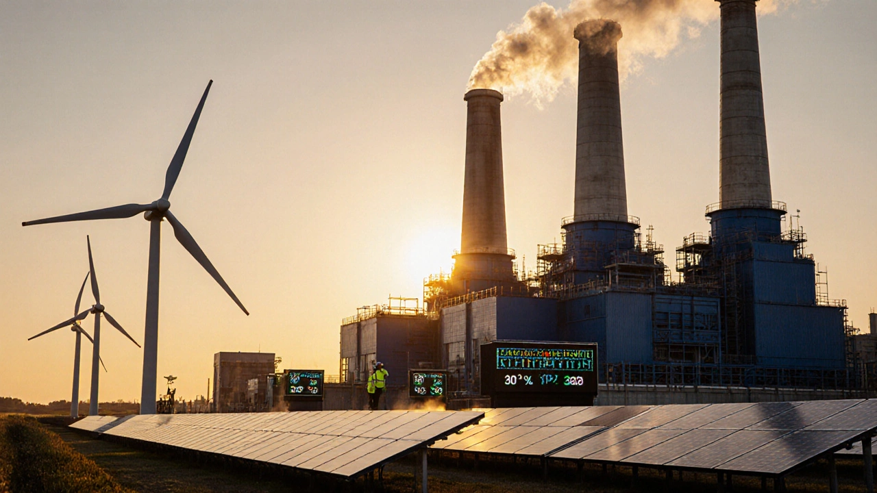 Nucor Indiana plant with wind turbines and sunrise showing green steel effort.