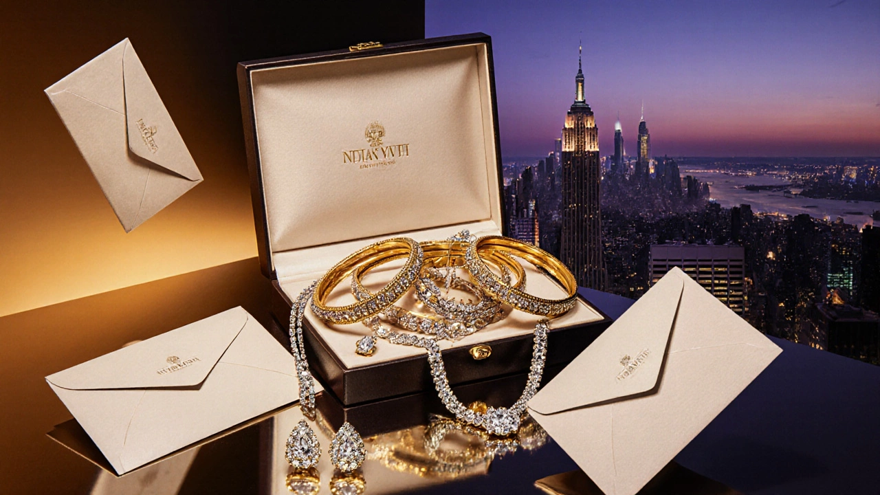 Open jewelry box spilling gold and diamonds beside shipping envelopes with a faint NYC skyline background.