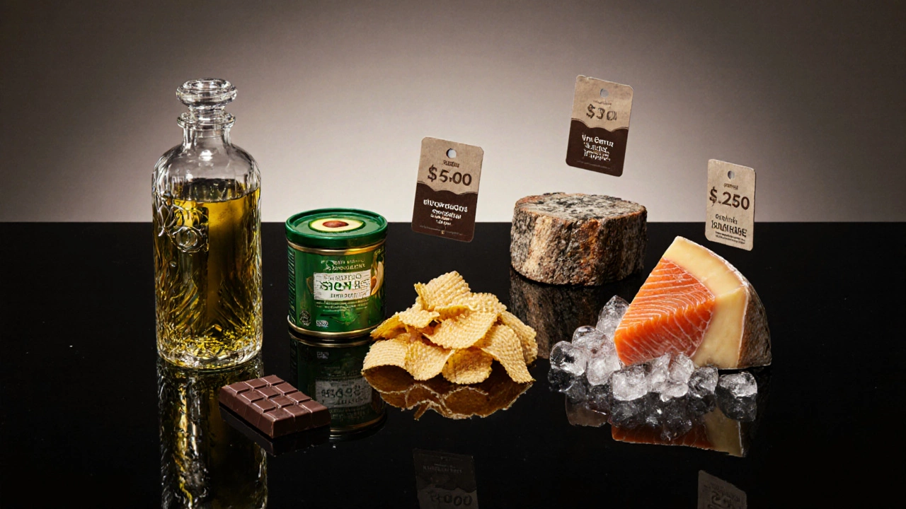 Overhead view of premium oil bottle, chips, cheese wheel, salmon fillet, and chocolate bar on a table.