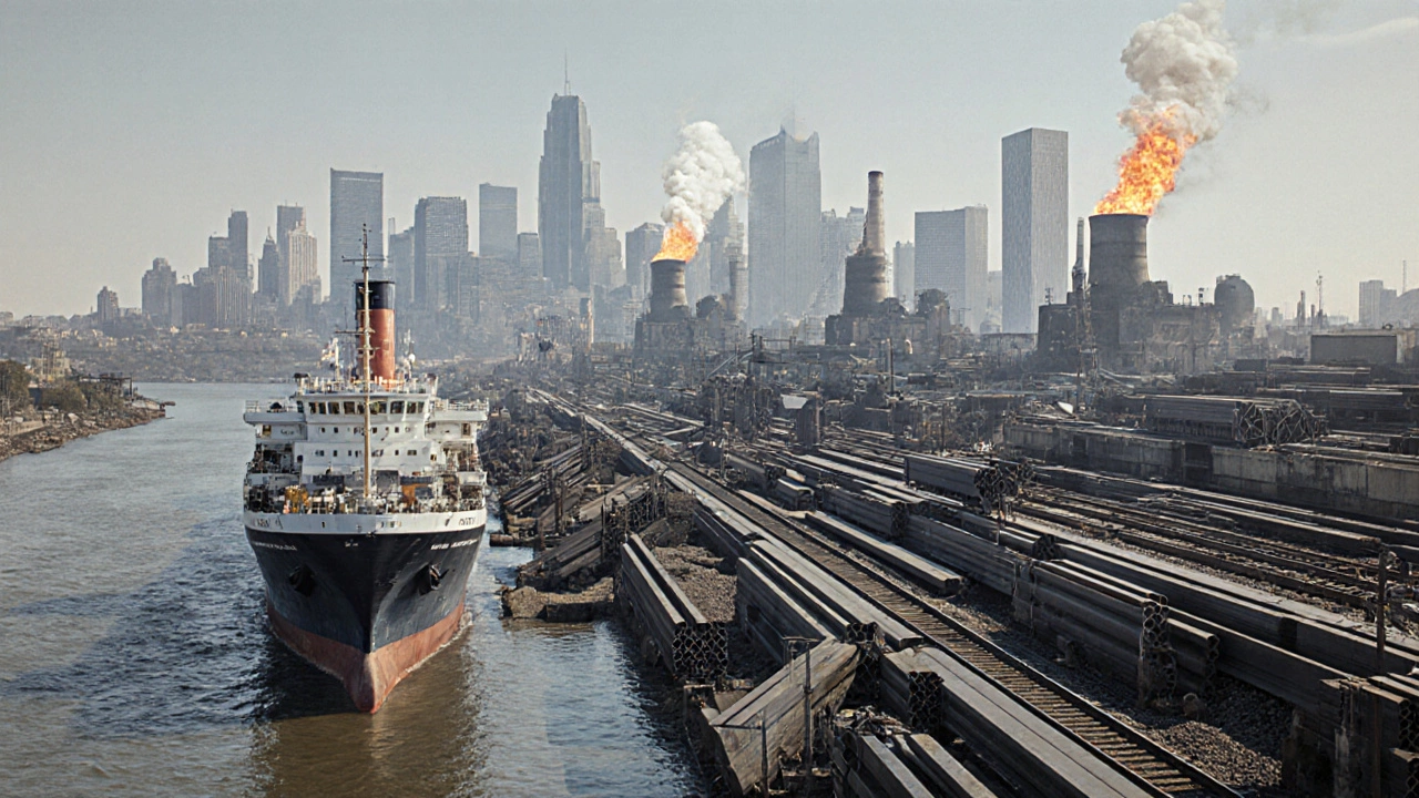 Panoramic view of Carnegie's steel empire with furnaces, railroads, ships and skyscrapers.