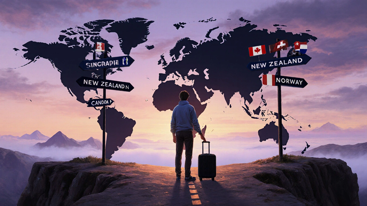 Person at a cliffside crossroads with signposts of top countries and a suitcase.