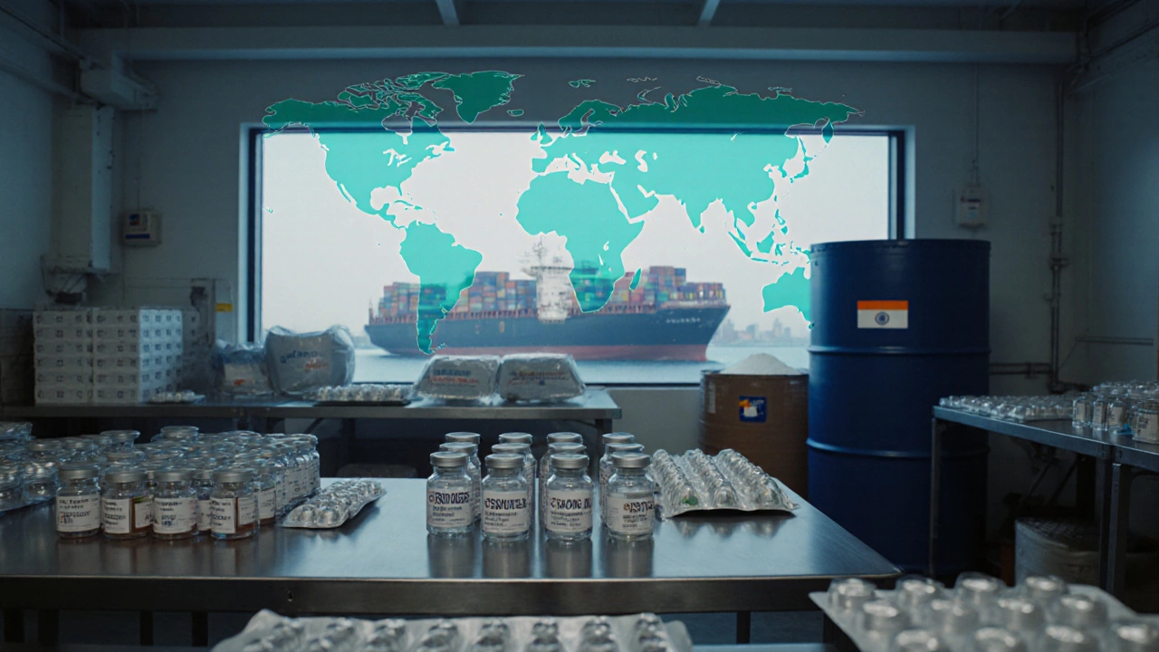 Pharmaceutical manufacturing floor with sealed vials and a dock loading containers for U.S. shipment.