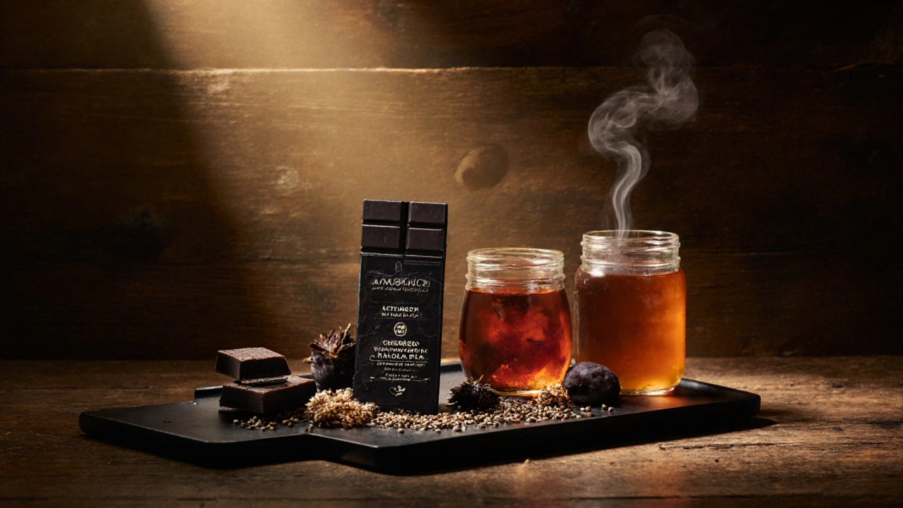Premium chocolate bars and kombucha in elegant packaging with native Australian ingredients.