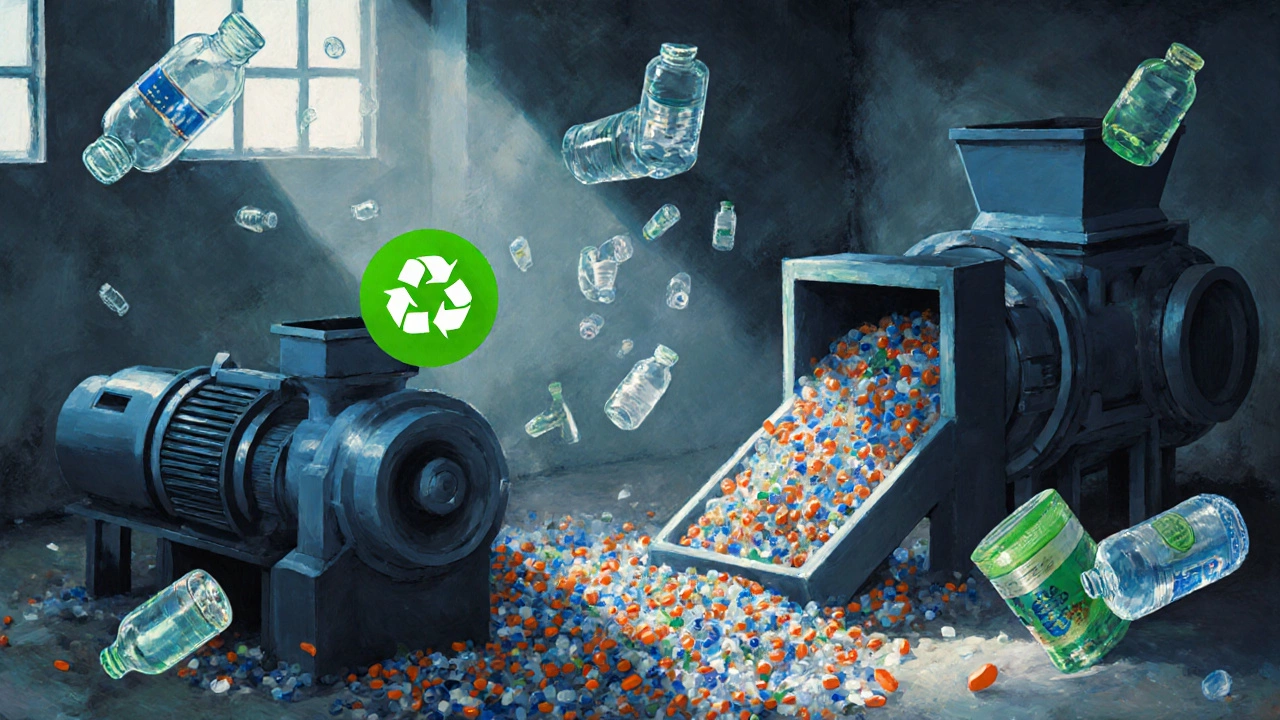 Recycled plastic being turned into pellets that become eco-friendly products like garden furniture.