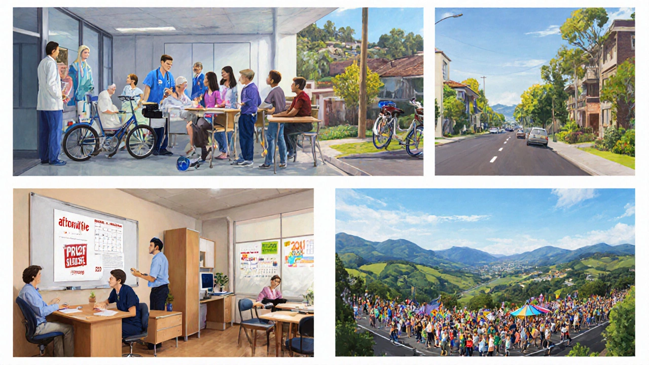 Seven panels illustrating healthcare, education, safety, cost, work‑life, climate, and culture.