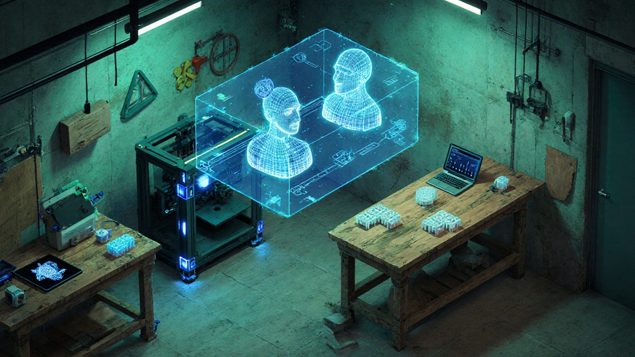 Small workshop with IoT sensors, holographic digital twin, and sustainable materials.