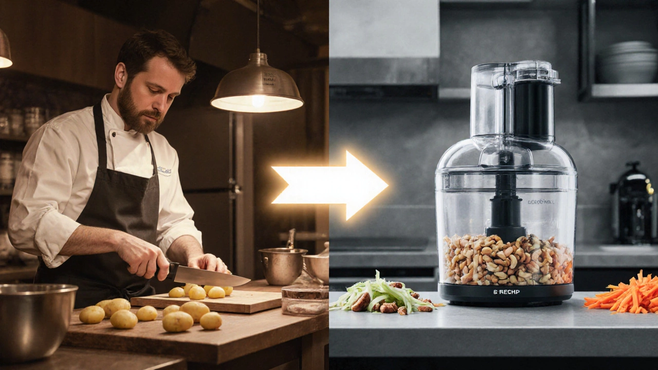 Split kitchen scene: traditional hand-slicing vs. modern food processor use.