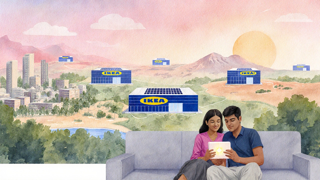 Watercolor painting of multiple IKEA stores across India with solar panels and a couple using a tablet.
