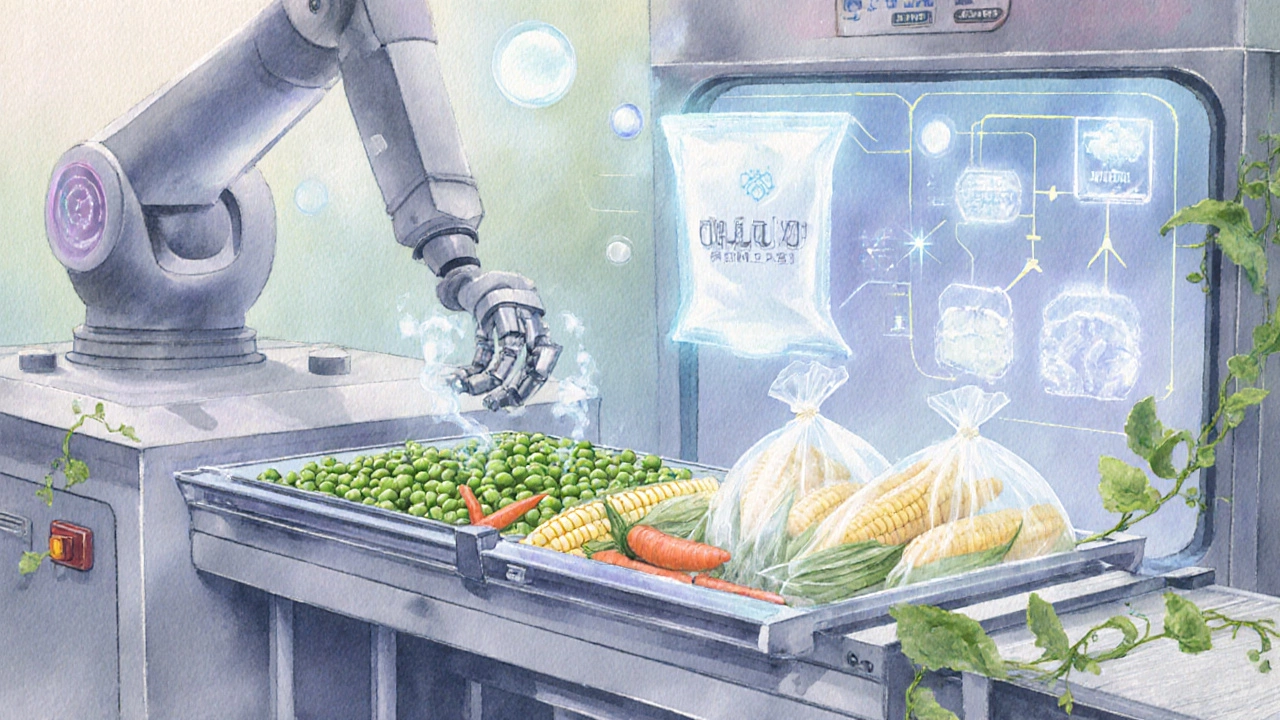Watercolor scene of an automated frozen vegetable line featuring robots, flash‑freezing, and eco‑friendly packaging.
