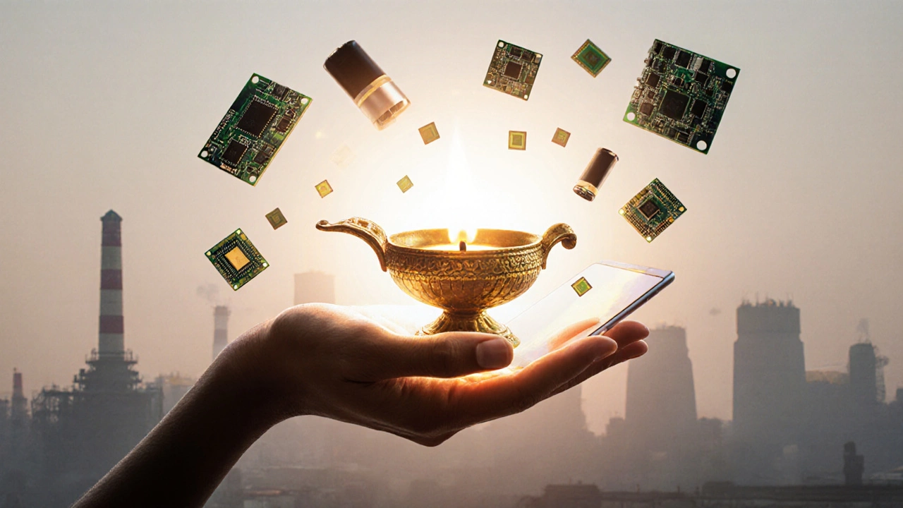 A brass diya transforming into a smartphone, surrounded by electronic components.
