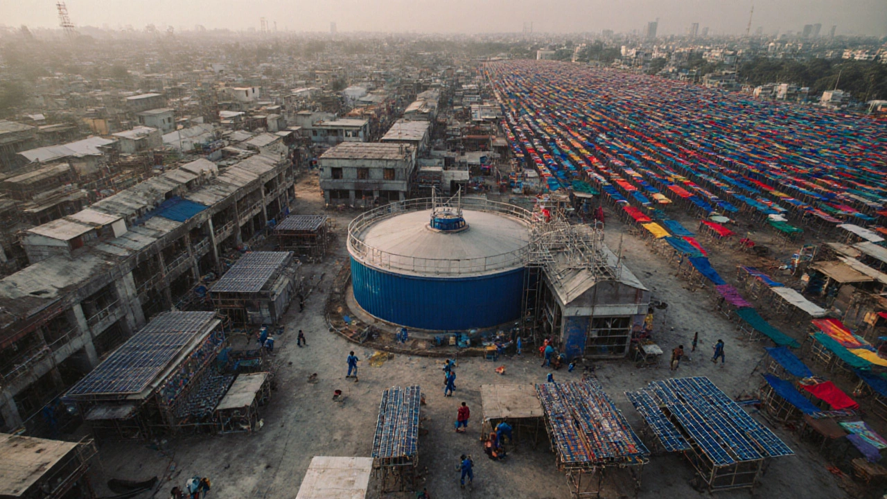 Aerial view of Tirupur’s textile factories with solar panels and wastewater treatment plant, colorful fabrics drying on racks under daylight.