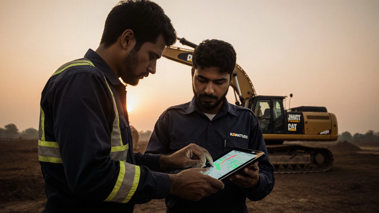 Caterpillar technician repairing a machine in India with telemetry data visible on a tablet.