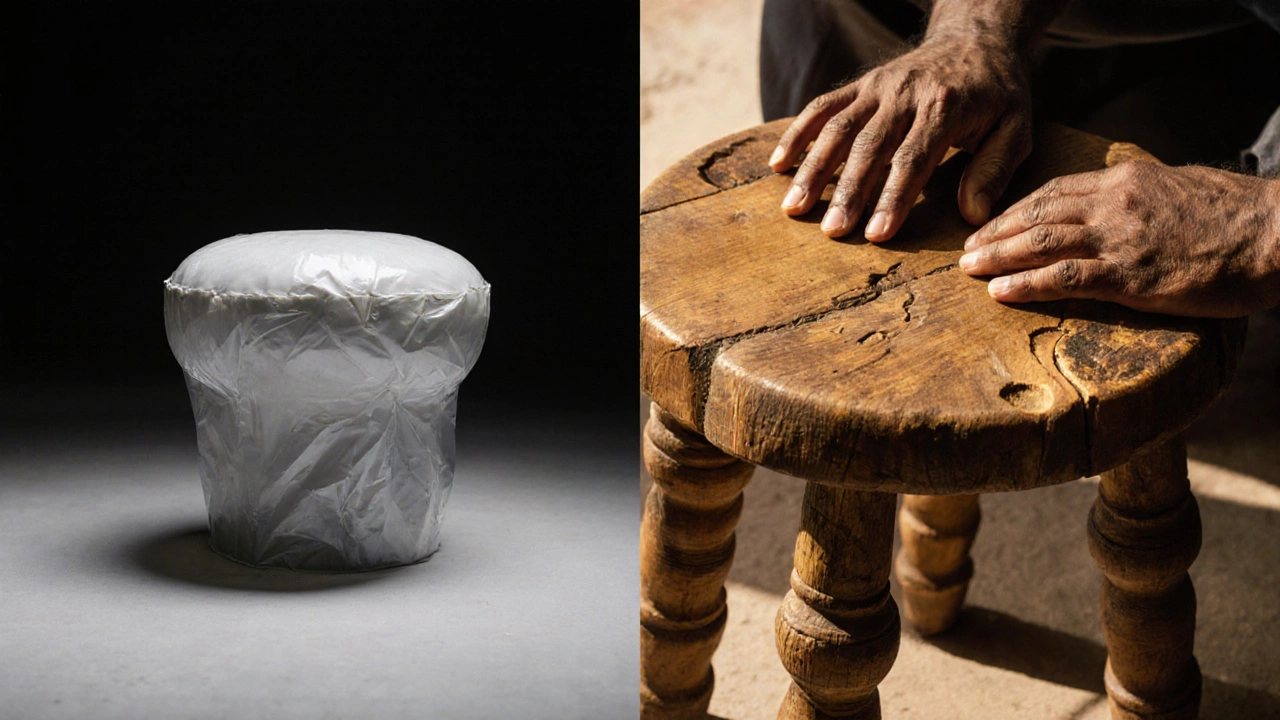 Contrast between machine-made furniture (left) and hand-carved Mirzapur stool (right), showing imperfections and natural wood grain.